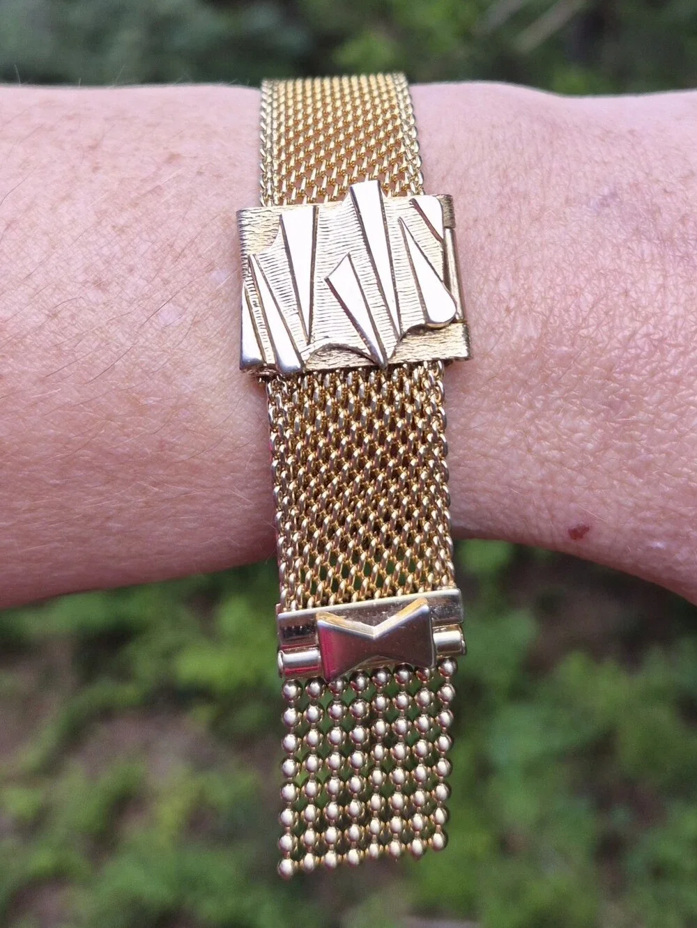 Vintage Victorian Revival Mesh Tassel Fringe Slide Bracelet Adjustable Gold Tone